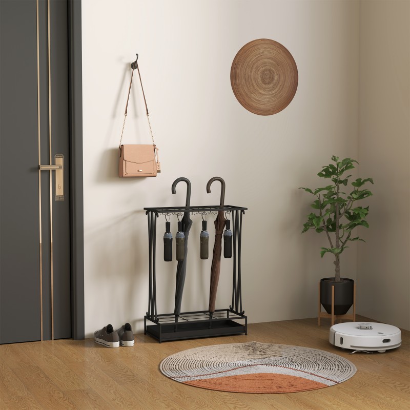 Sateenvarjoteline terästä 21 paikalla ja 24 koukulla, irrotettava tippuvesiallas, musta