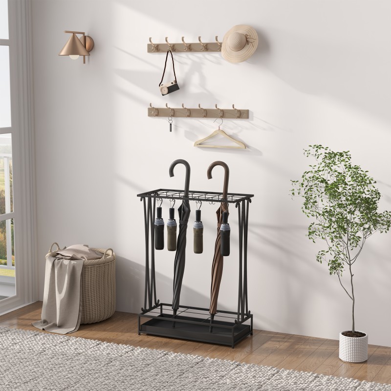 Sateenvarjoteline terästä 21 paikalla ja 24 koukulla, irrotettava tippuvesiallas, musta