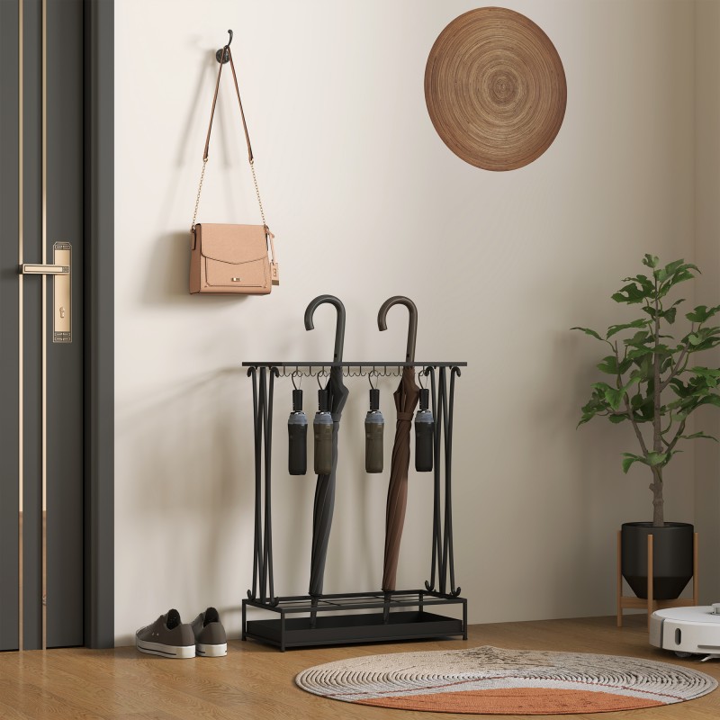 Sateenvarjoteline terästä 21 paikalla ja 24 koukulla, irrotettava tippuvesiallas, musta