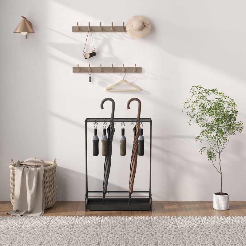 Sateenvarjoteline terästä 21 paikalla ja 24 koukulla, irrotettava tippuvesiallas, musta