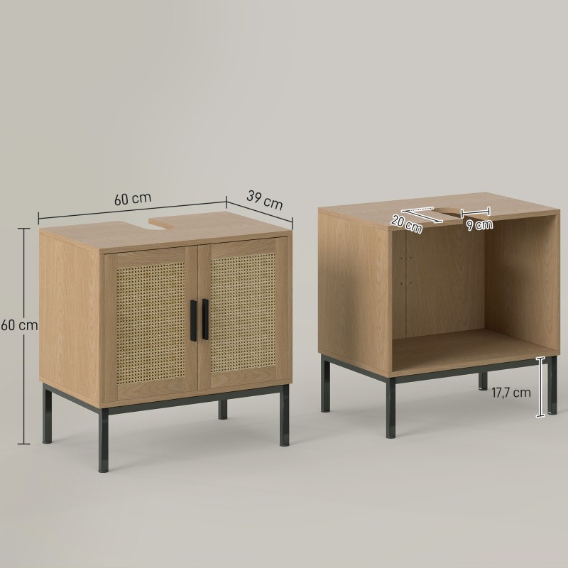 Boho-allaskaappi kylpyhuoneeseen, rottinkielementit, U-aukko, 60 x 39 x 60 cm, tammen sävy