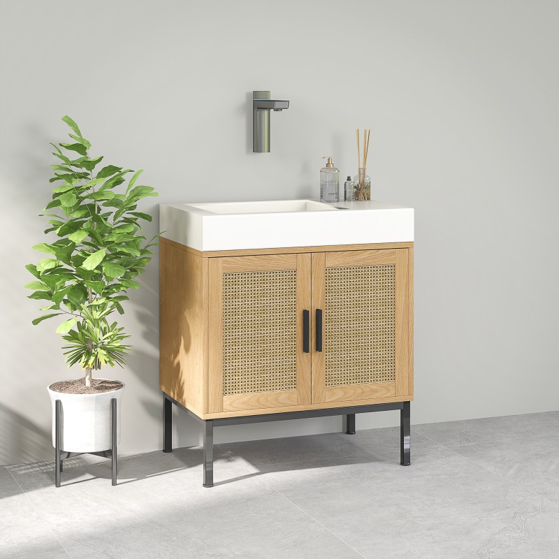 Boho-allaskaappi kylpyhuoneeseen, rottinkielementit, U-aukko, 60 x 39 x 60 cm, tammen sävy