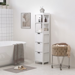 Kylpyhuonekaappi 30x30x142,4 cm, MDF, 2 avointa hyllyä ja 3 laatikkoa, valkoinen