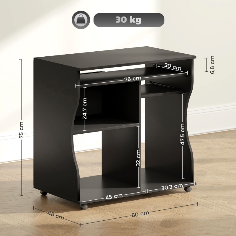 Työpöytä pyörillä tietokoneelle, säilytystilalla, lastulevyä, 80 x 48 x 75 cm, musta