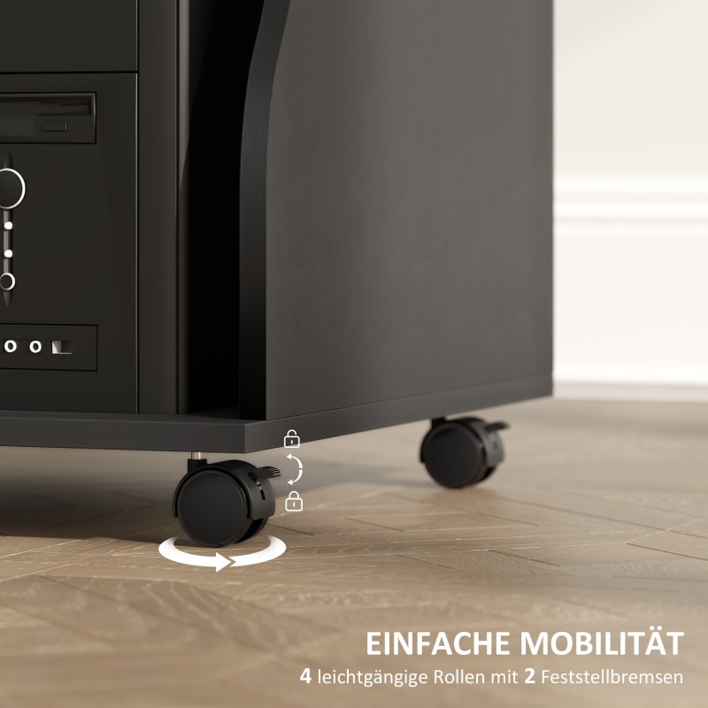 Työpöytä pyörillä tietokoneelle, säilytystilalla, lastulevyä, 80 x 48 x 75 cm, musta