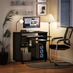 Työpöytä pyörillä tietokoneelle, säilytystilalla, lastulevyä, 80 x 48 x 75 cm, musta