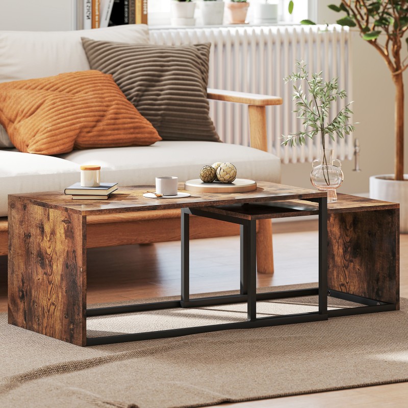 Sohvapöytäsarja 2 osaa, lastulevy ja metalli, 90 x 48 x 42 cm ja 59 x 42 x 36 cm, musta/ruskea