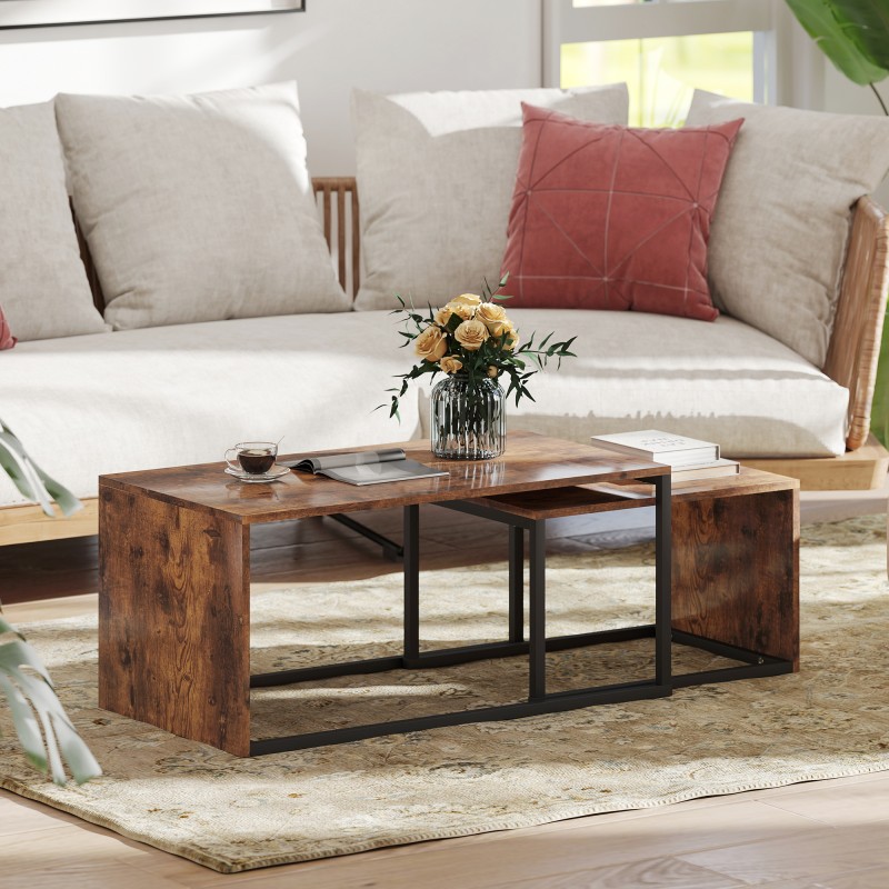 Sohvapöytäsarja 2 osaa, lastulevy ja metalli, 90 x 48 x 42 cm ja 59 x 42 x 36 cm, musta/ruskea