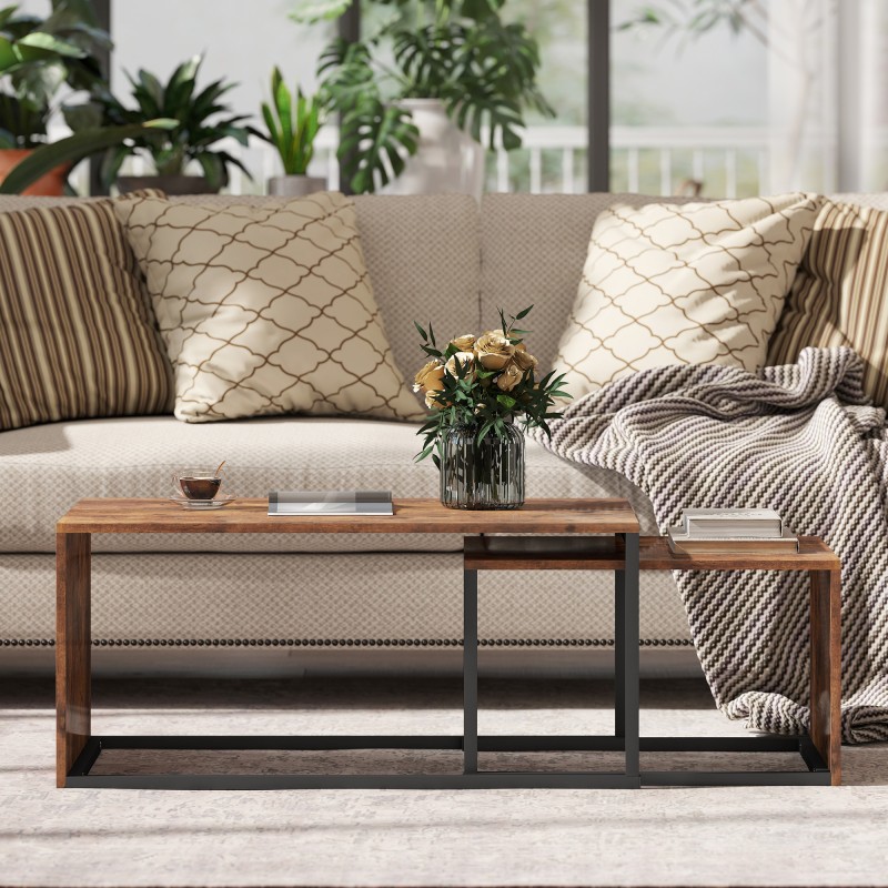 Sohvapöytäsarja 2 osaa, lastulevy ja metalli, 90 x 48 x 42 cm ja 59 x 42 x 36 cm, musta/ruskea