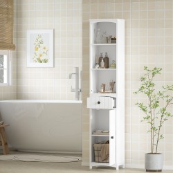 Kylpyhuonekaappi 3 hyllyllä ja laatikolla, MDF, 34 x 24 x 170,5 cm, valkoinen