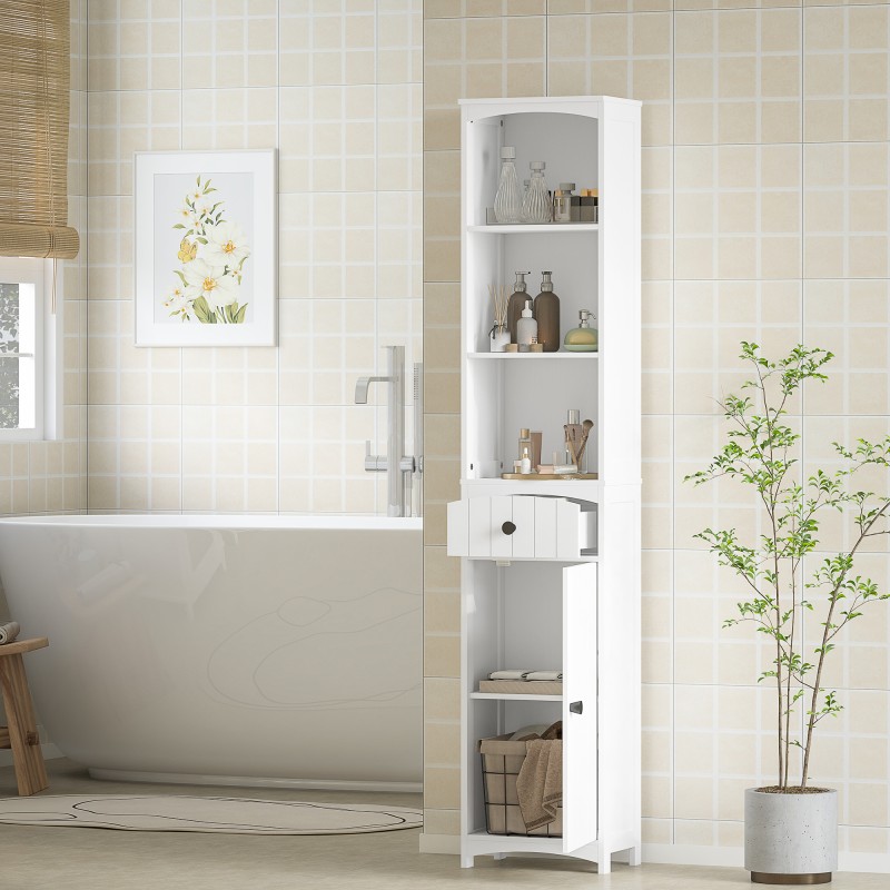 Kylpyhuonekaappi 3 hyllyllä ja laatikolla, MDF, 34 x 24 x 170,5 cm, valkoinen