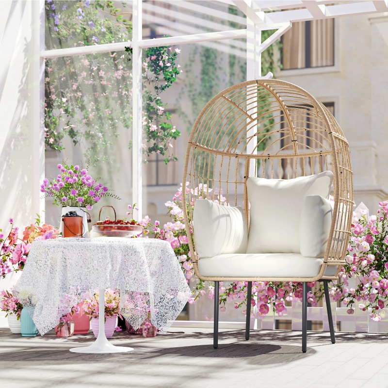 Rottinkinojatuoli ulkokäyttöön, munanmuotoinen, teräsrunko, 95 x 80 x 155 cm, beige/keltainen/musta