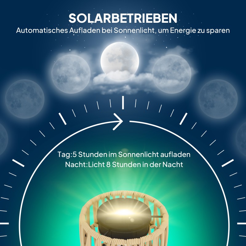 Aurinkokäyttöinen boho lattiavalaisin ulkokäyttöön, 3 lamppua, teräs ja rottinkityyli, IP44, musta/keltainen
