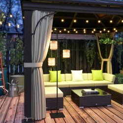 Aurinkokäyttöinen boho lattiavalaisin ulkokäyttöön, 3 lamppua, teräs ja rottinkityyli, IP44, musta/keltainen