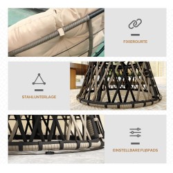 Pyörivä rottinkituoli sivupöydällä Ø90 cm, teräsrunko, tummanharmaa/beige