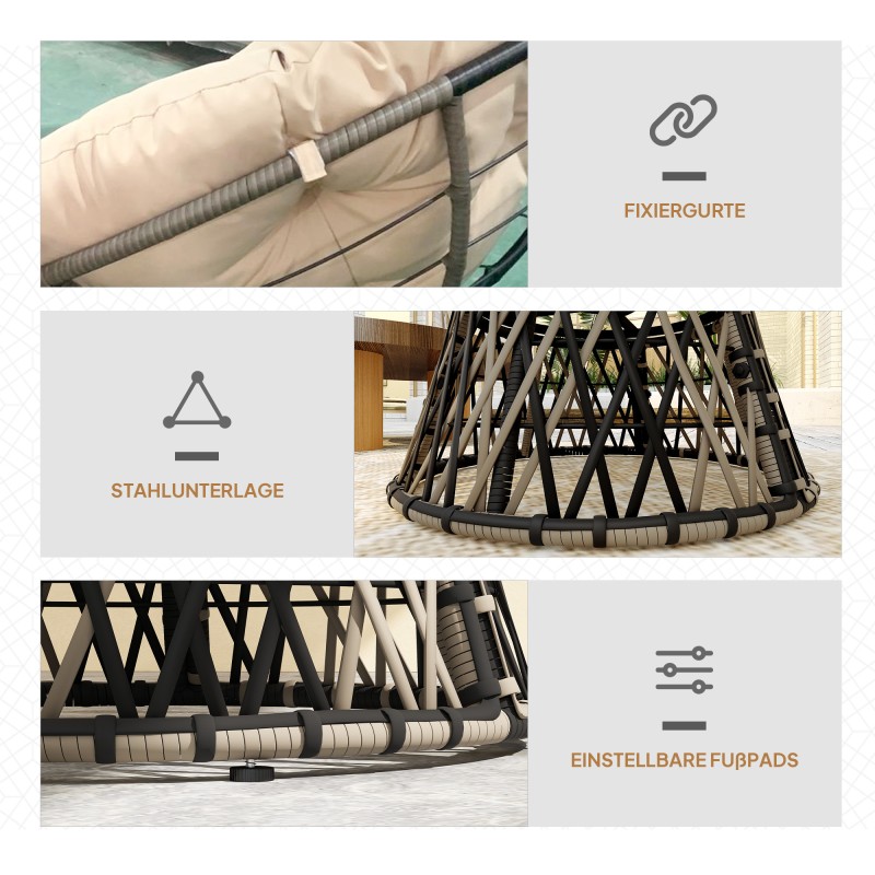 Pyörivä rottinkituoli sivupöydällä Ø90 cm, teräsrunko, tummanharmaa/beige