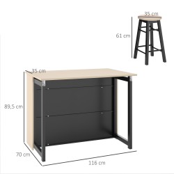 Baaripöytäsarja 3-osainen, kääntyvä pöytälevy, lastulevy, 116 x 70 x 89,5 cm, musta/tammi