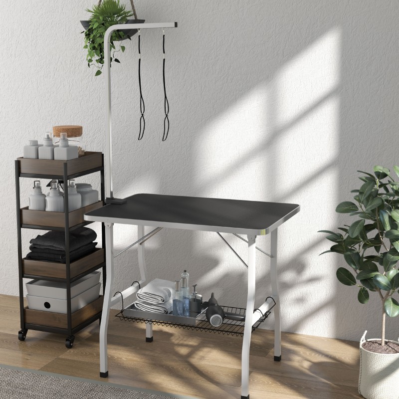 Koiran hoitopöytä säädettävällä varrella ja säilytystasolla 90 x 60 x 76 cm musta