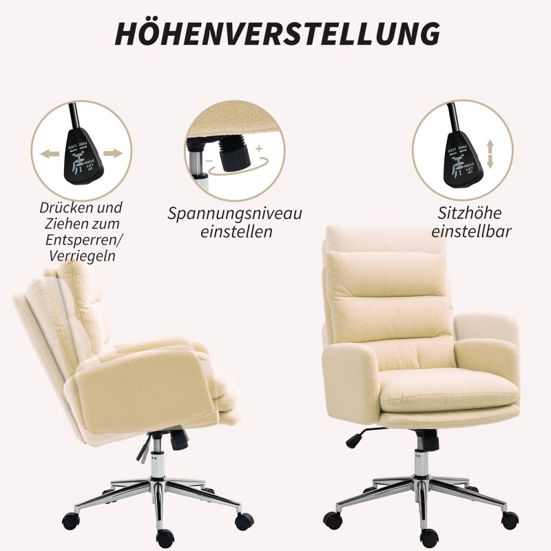 Työtuoli keinutoiminnolla, 360° kääntyvä, pehmustettu, lammasturkiskangas, cremevalkoinen