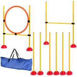 Koirien agilitysetti 3 osainen täytettävät jalustat hyppyrengas hyppyeste ja pujottelutolpat keltainen oranssi