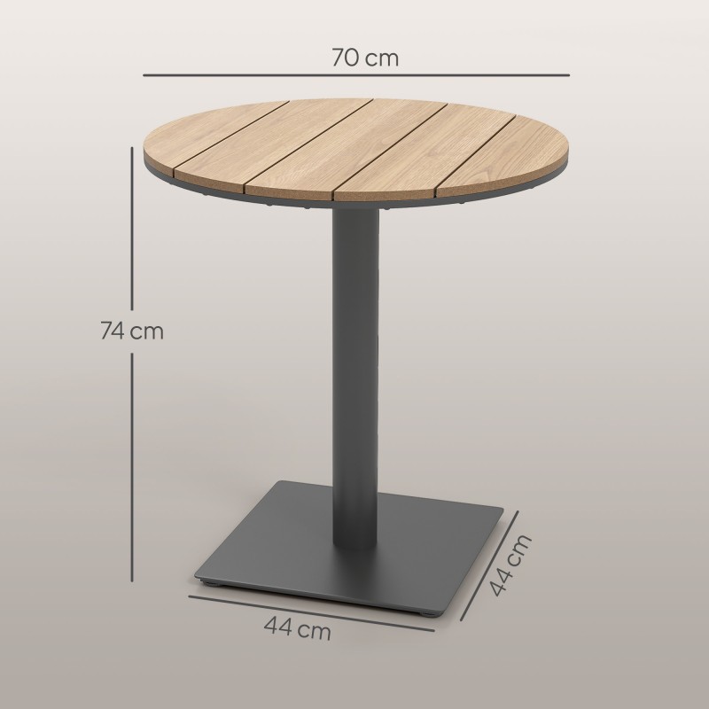 Pyöreä puutarhapöytä parvekkeelle, teräsrunkoinen Ø70 x 74 cm, luonnonpuun sävy