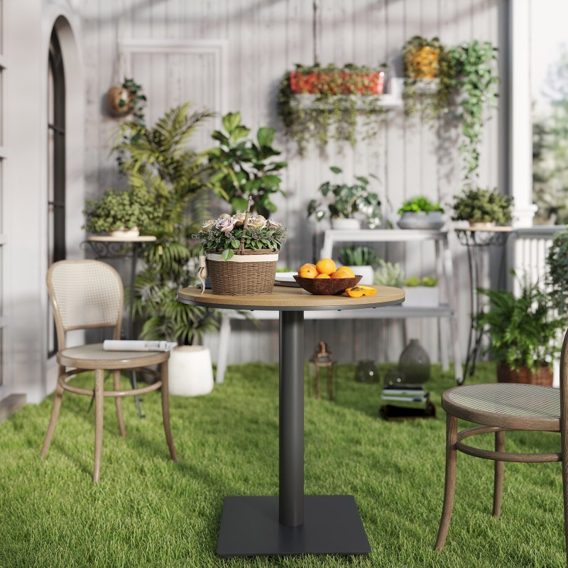 Pyöreä puutarhapöytä parvekkeelle, teräsrunkoinen Ø70 x 74 cm, luonnonpuun sävy