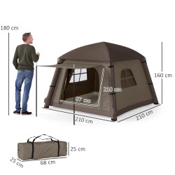 Ilmatäytteinen kahden hengen teltta 210x210x160 cm, 4 vuodenajan campingteltta, khaki-ruskea