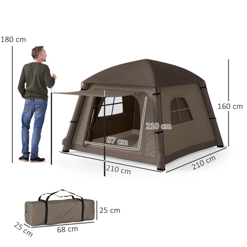 Ilmatäytteinen kahden hengen teltta 210x210x160 cm, 4 vuodenajan campingteltta, khaki-ruskea