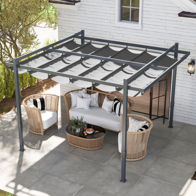 Pergola pihalle alumiinia 3,5 x 3 m, säädettävä liukukatto, harmaa