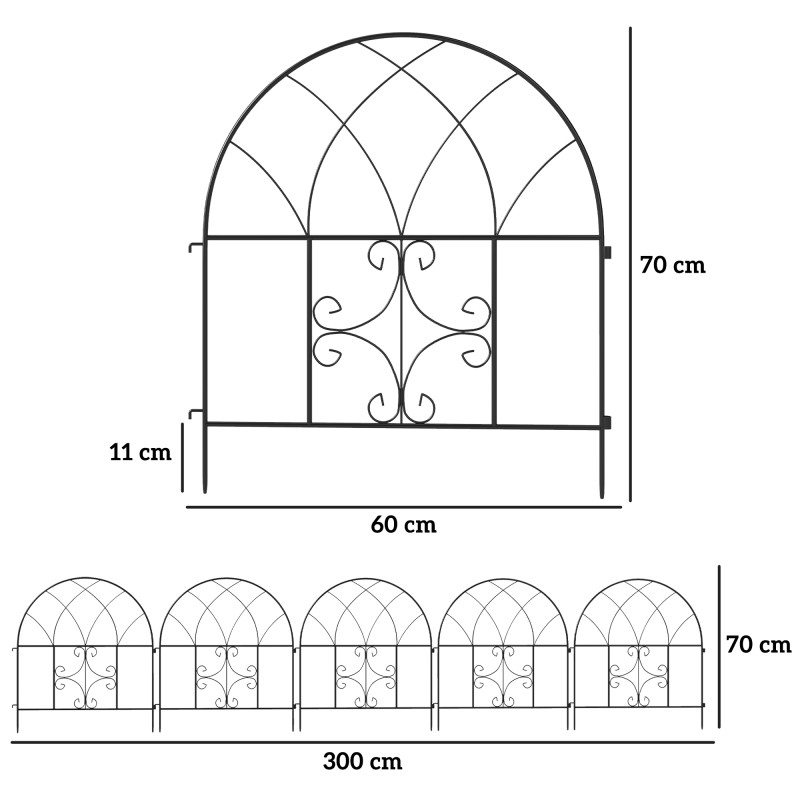 Koristeellinen puutarha-aita teräs 300 x 70 cm, 5 osaa, musta
