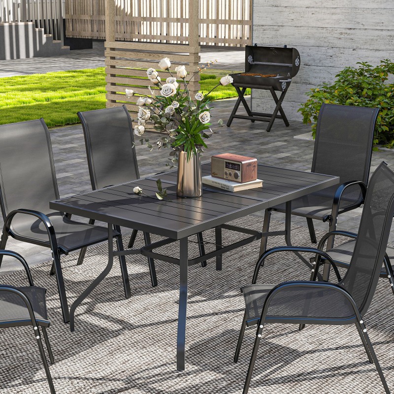 Ulkopöytä teräs 152 x 90 cm, sälemalli, varjonreikä, musta