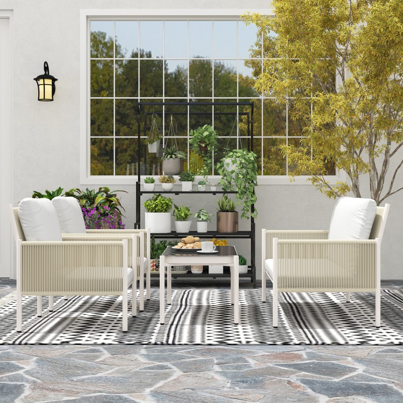 Polyrottinkinen puutarhan sohvaryhmä 4 henkilölle, teräsrunko, lasipöytä, vaaleanharmaa–ruskea