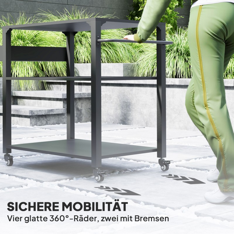 Ulkokeittiön vaunu grillipöytä teräs 105 x 50 x 79 cm musta, hyllyt ja pyörät