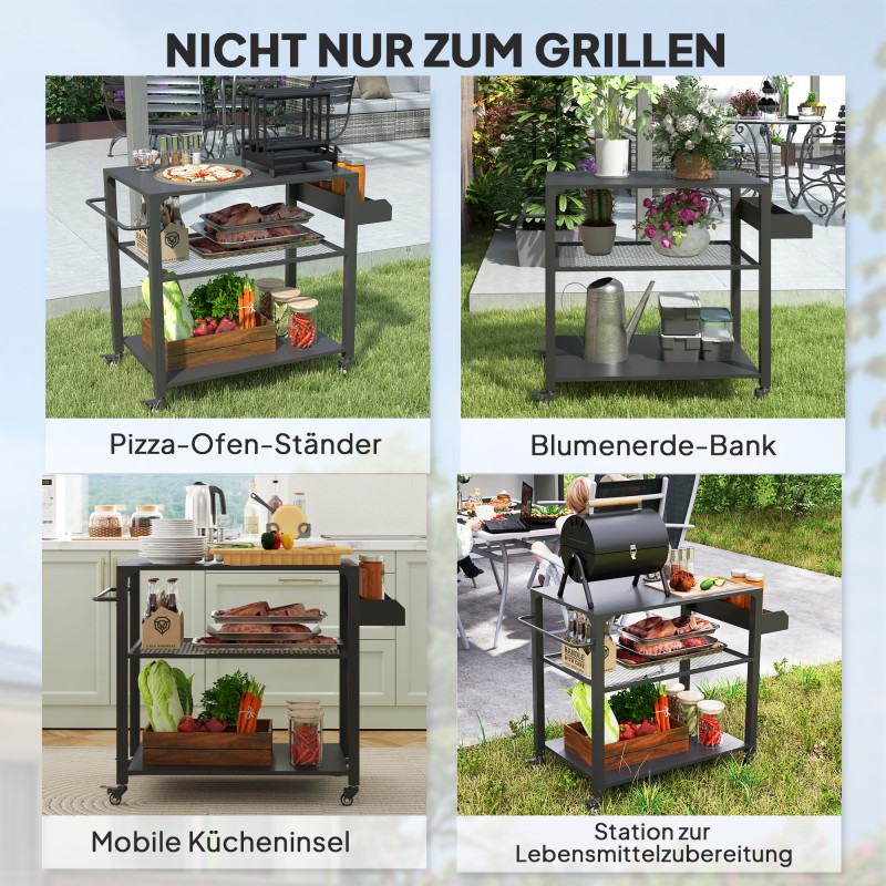 Ulkokeittiön vaunu grillipöytä teräs 105 x 50 x 79 cm musta, hyllyt ja pyörät