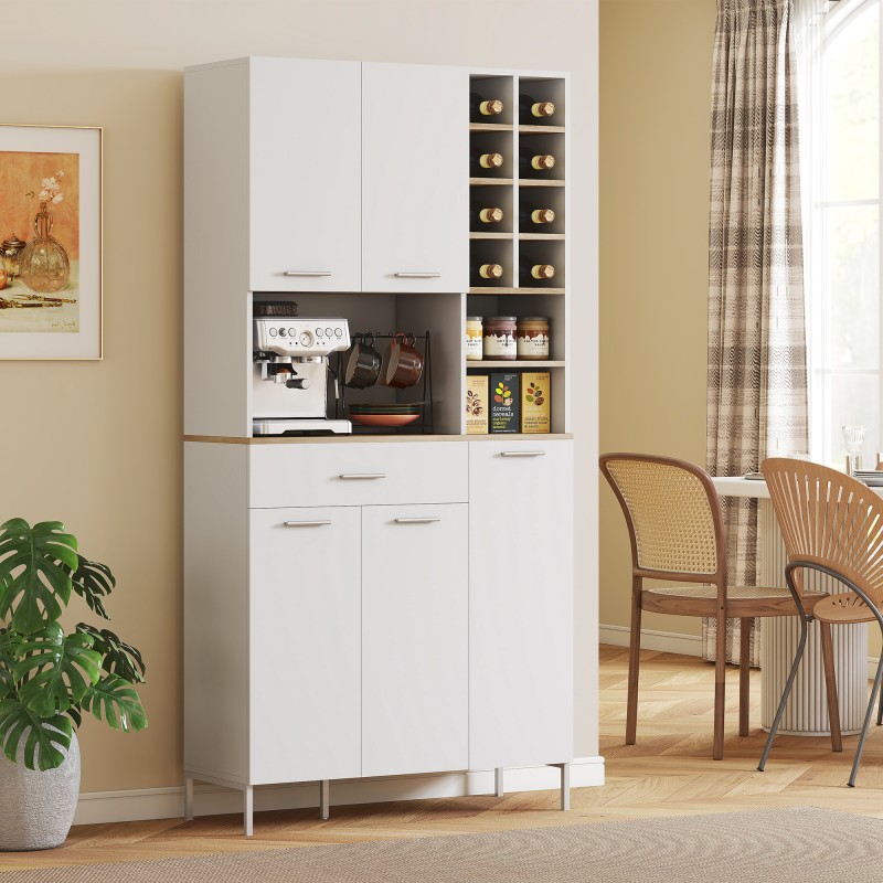 Keittiökaappi avohyllyillä ja viinitelineellä, MDF, 90x35x183 cm, valkoinen