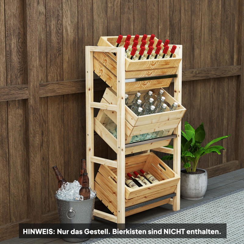 Juomakoriteline 3 laatikolle, puinen juomahylly 3 tasoa 56 x 32 x 112 cm naturholz