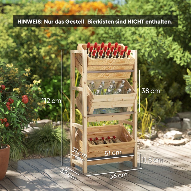 Juomakoriteline 3 laatikolle, puinen juomahylly 3 tasoa 56 x 32 x 112 cm naturholz