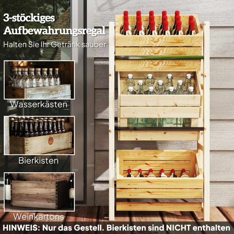 Juomakoriteline 3 laatikolle, puinen juomahylly 3 tasoa 56 x 32 x 112 cm naturholz