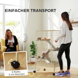 Pieneläinhäkki 4 tasolla ja pyörillä, teräs/muovi, 69 x 44 x 120 cm, beige