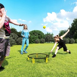 Roundnet-pelisetti ulkokäyttöön, verkko Ø92 x 20 cm, 3 palloa, pumppu, keltainen/musta