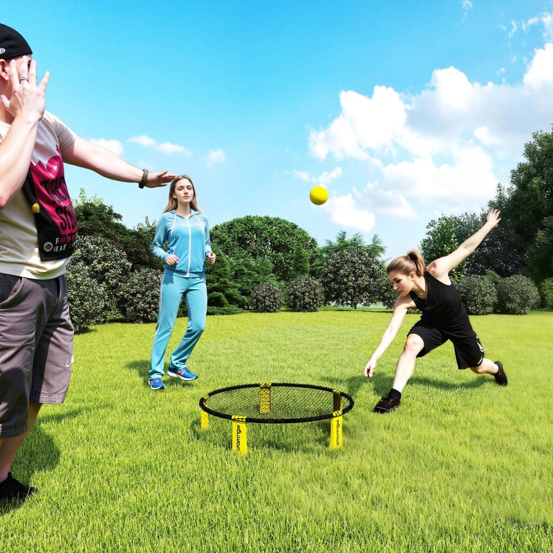 Roundnet-pelisetti ulkokäyttöön, verkko Ø92 x 20 cm, 3 palloa, pumppu, keltainen/musta