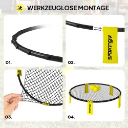 Roundnet-pelisetti ulkokäyttöön, verkko Ø92 x 20 cm, 3 palloa, pumppu, keltainen/musta