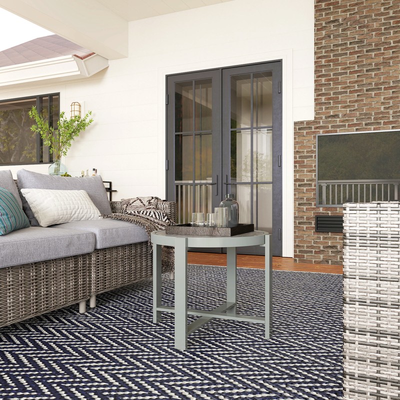 Pyöreä sivupöytä ulko- ja sisäkäyttöön, alumiini ja karkaistu lasi, Ø51 cm, harmaa marmorioptinen kansi