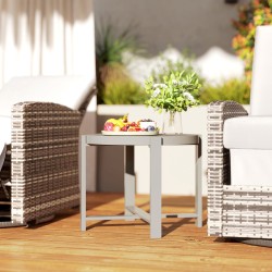 Pyöreä sivupöytä ulko- ja sisäkäyttöön, alumiini ja karkaistu lasi, Ø51 cm, harmaa marmorioptinen kansi