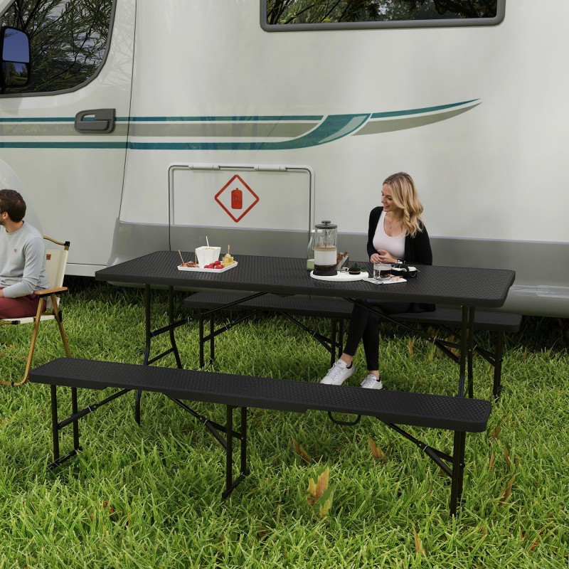 Taitettava piknikpöytä ja penkit 3-osainen setti, metalli ja HDPE, musta/ruskea