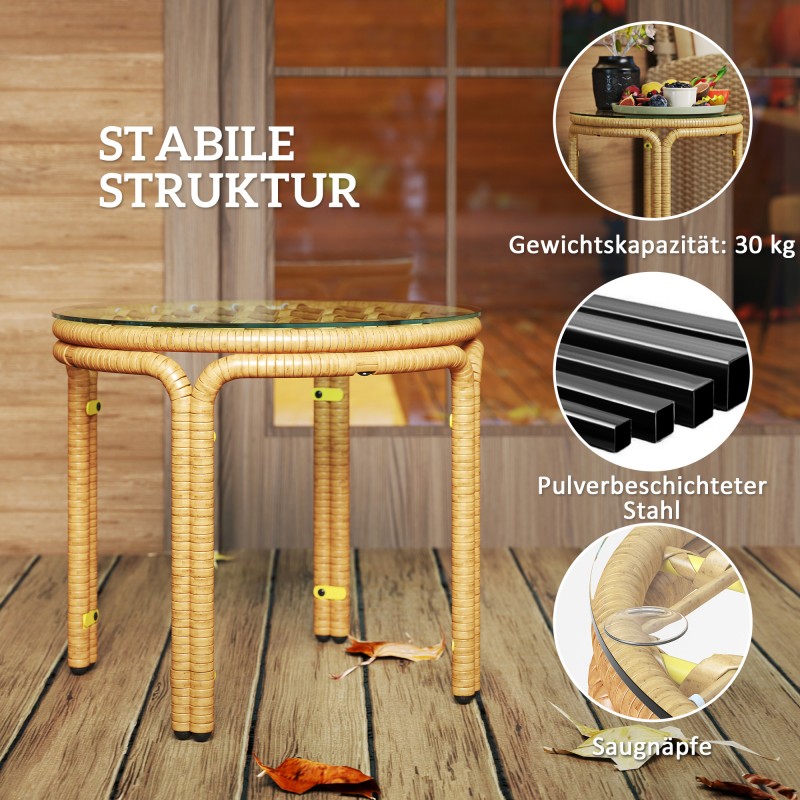 Pyöreä ulkosivupöytä PE-rottingista lasikannella Ø50 cm, keltainen