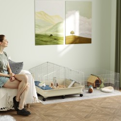 Pieneläinhäkki marsuille ja siileille, kaksitasoinen teräsrakenne, 173 x 88 x 63 cm, valkoinen