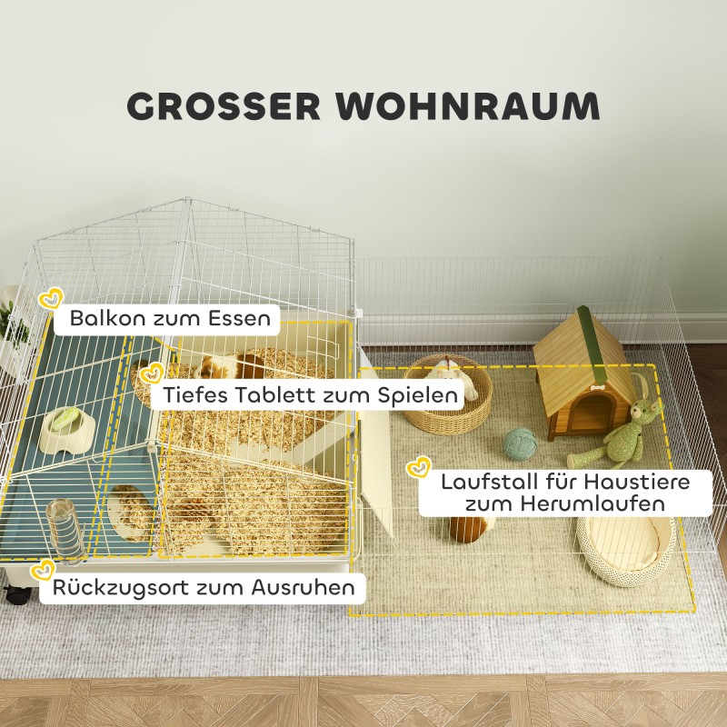 Pieneläinhäkki marsuille ja siileille, kaksitasoinen teräsrakenne, 173 x 88 x 63 cm, valkoinen