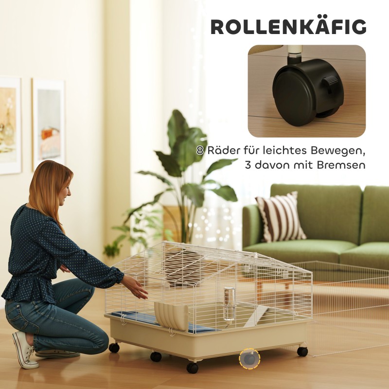 Pieneläinhäkki marsuille ja siileille, kaksitasoinen teräsrakenne, 173 x 88 x 63 cm, valkoinen