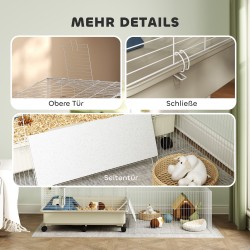 Pieneläinhäkki marsuille ja siileille, kaksitasoinen teräsrakenne, 173 x 88 x 63 cm, valkoinen